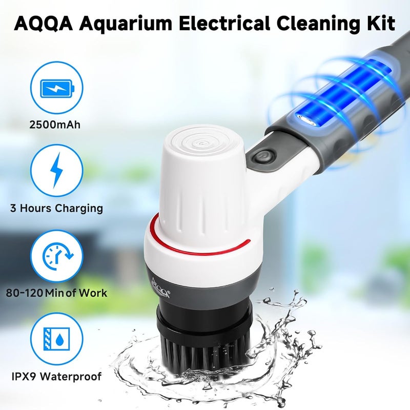 AQQA 8-in-1 Electric Aquarium Cleaning Kit IPX9 Waterproof Cordless Rechargeable Glass Scrubber Handheld Fish Tank Cleaner Powerful Algae Scraper & Cleaning Brush Set (Grey) - Image 2